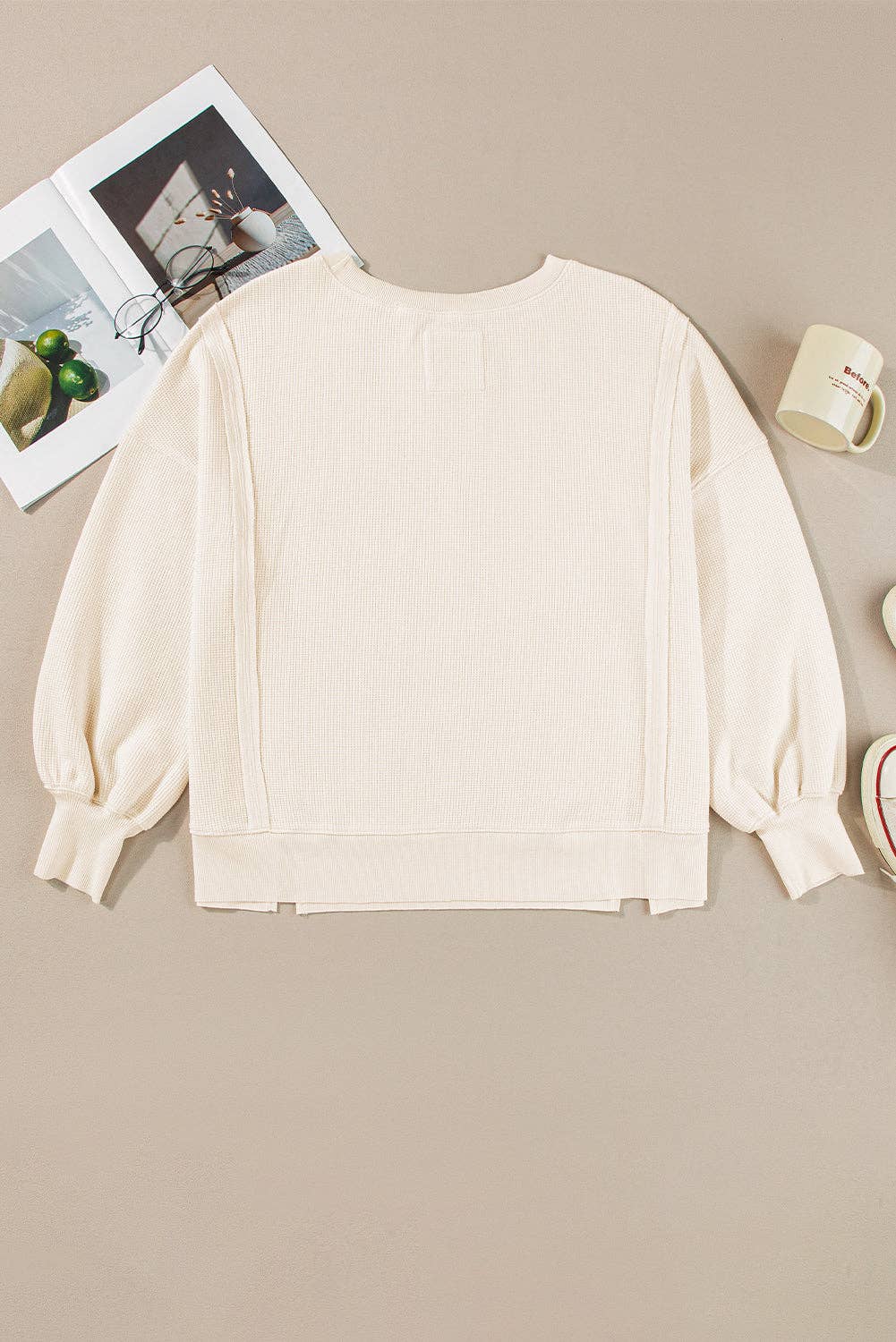 Waffle Knit Bishop Sleeve Sweatshirt