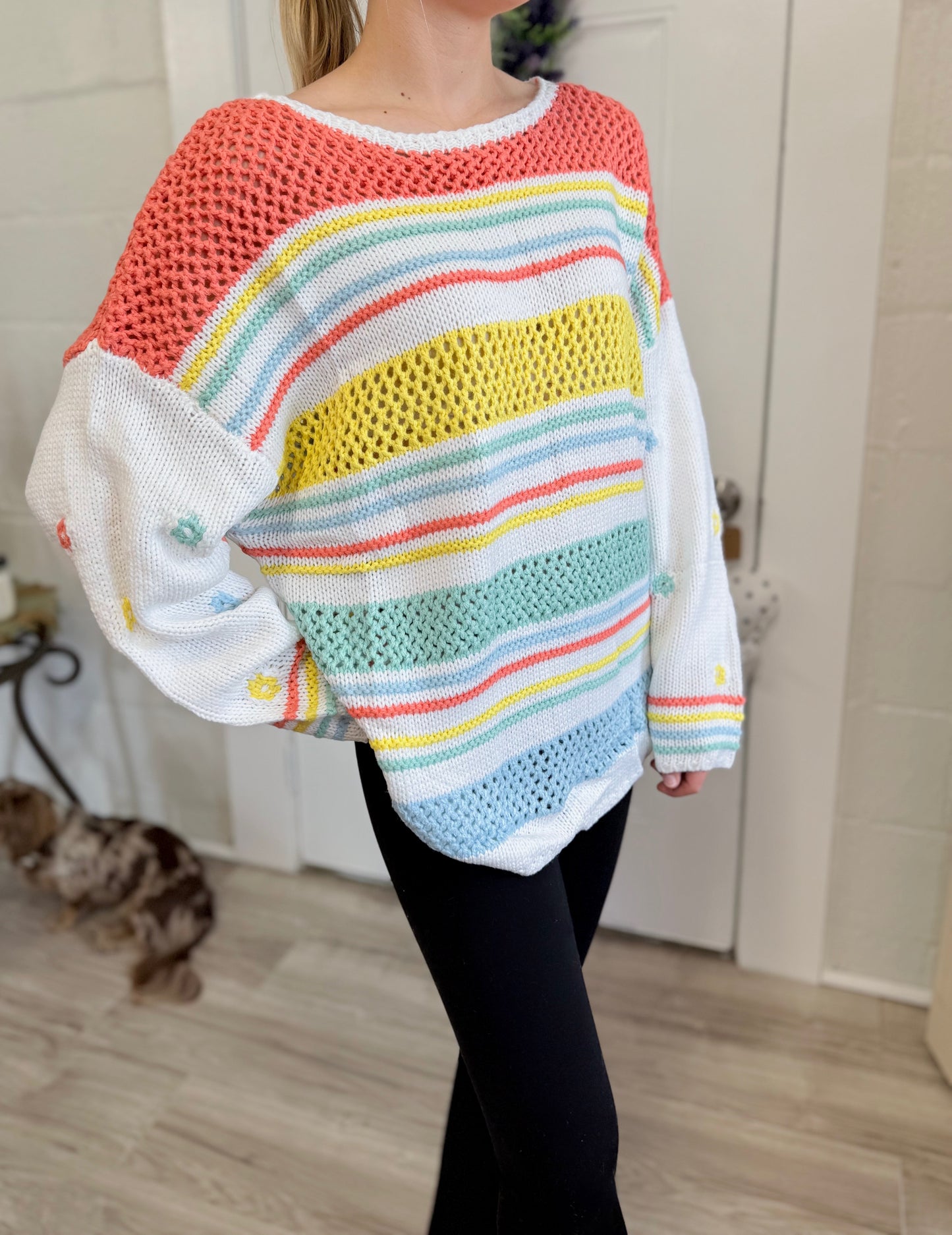 Loopy Fruit Knit Contrast Sleeve Sweater