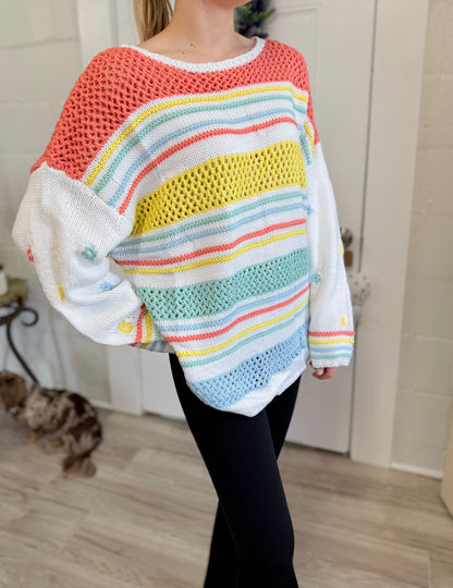 Loopy Fruit Knit Contrast Sleeve Sweater