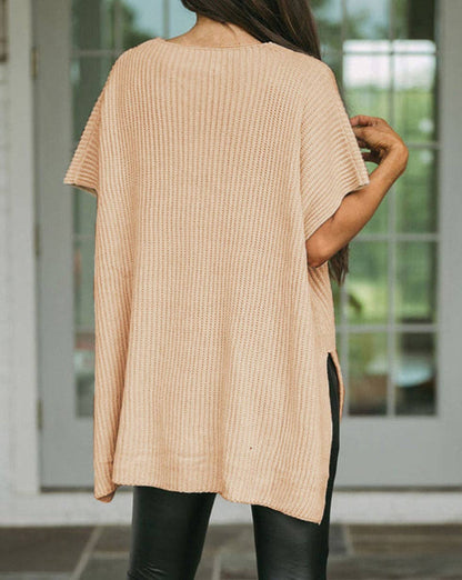 Short Sleeve Side Slit Sweater: Apricot