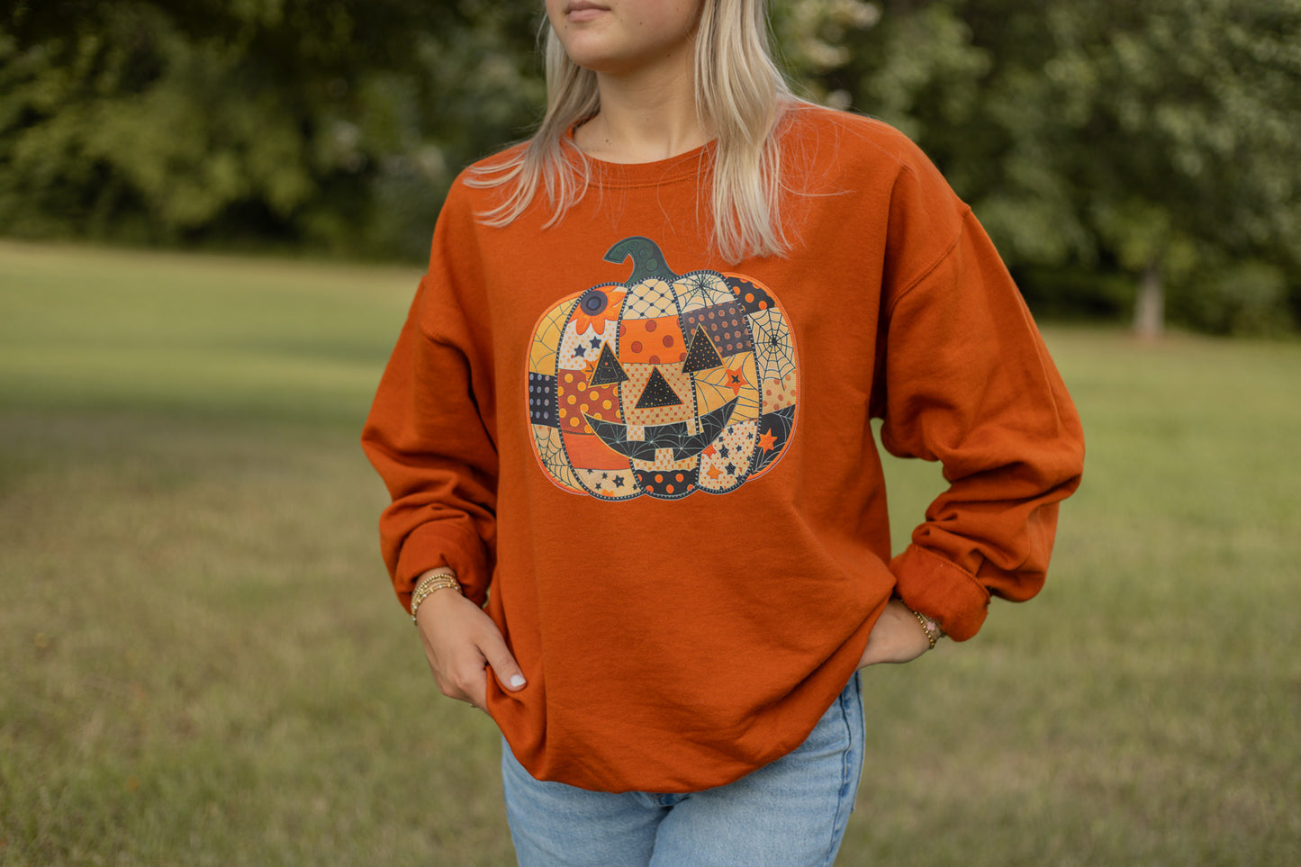 Patchwork Jack-o’-lantern Crewneck Sweatshirt