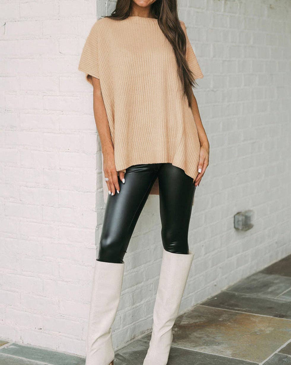 Short Sleeve Side Slit Sweater: Apricot