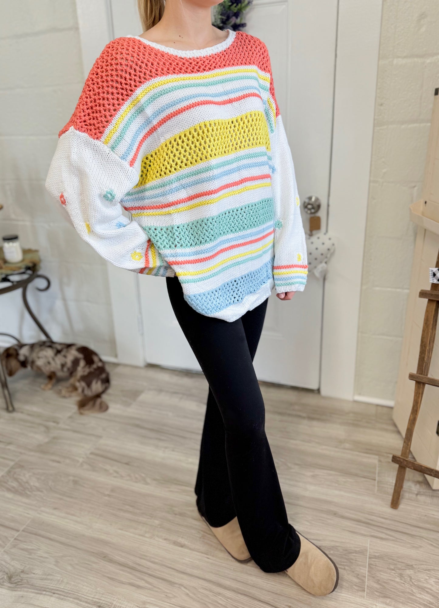 Loopy Fruit Knit Contrast Sleeve Sweater
