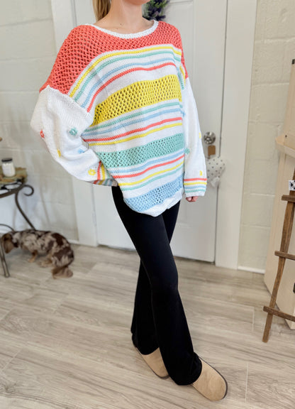 Loopy Fruit Knit Contrast Sleeve Sweater