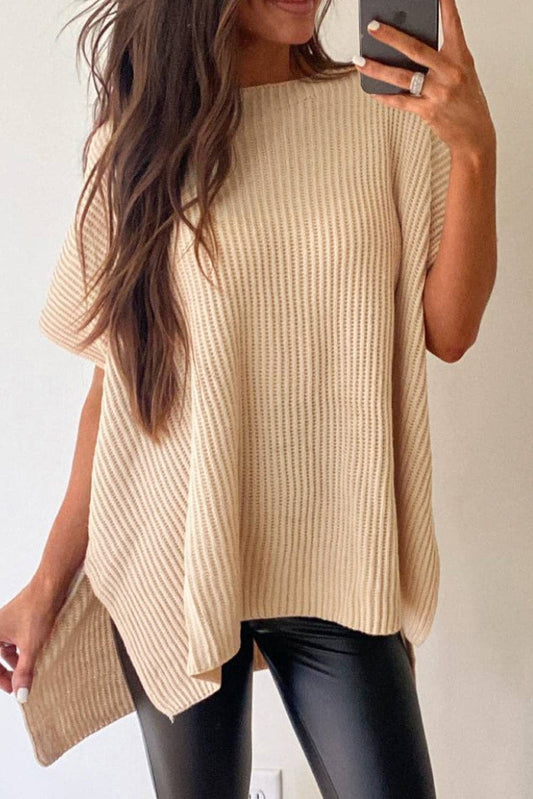 Short Sleeve Side Slit Sweater: Apricot